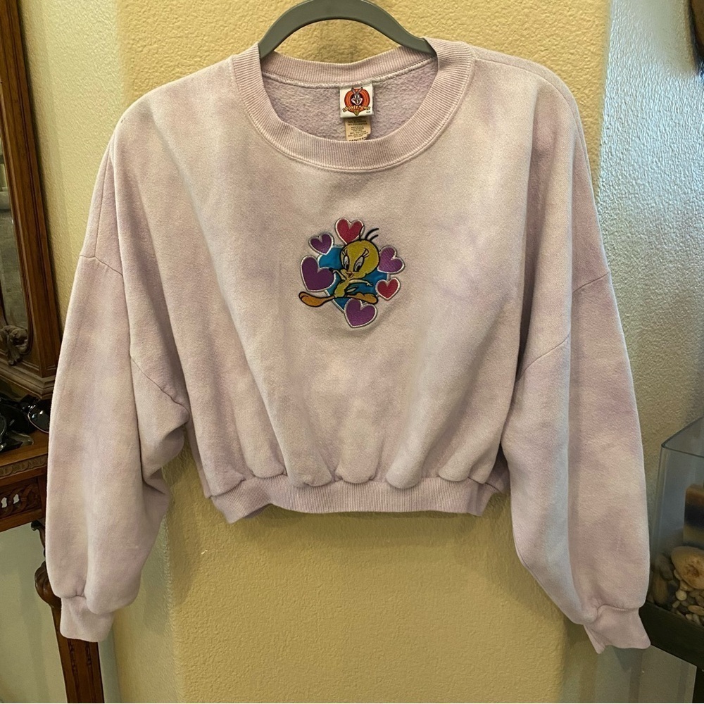 Vintage Looney Tunes 1997 Tweety Bird Purple Embroidery Cropped Sweater M/L